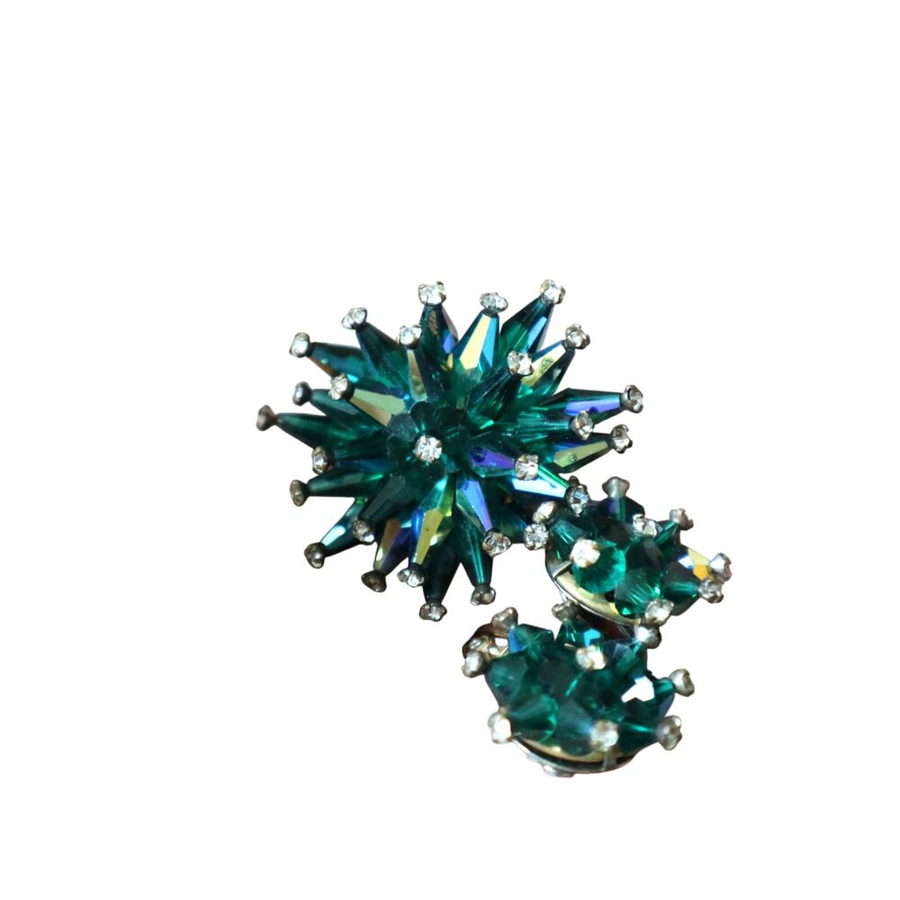 Vintage 50s 60s Blue Star Aurora Borealis Rhinestone Brooch Clip on Earrings Set